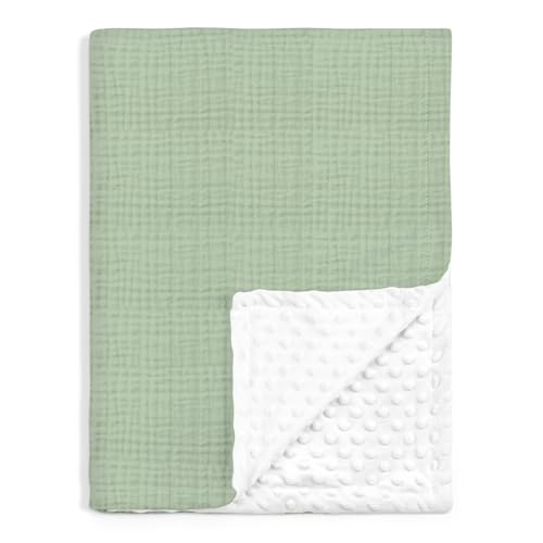 Image of Baby Blankets for Boys Girls, Soft Nursery Minky Blankets with Muslin and Dotted Fleece Back 30x40 inches, Receiving Bed Quilt for Newborn, Infants, Toddlers (Green)