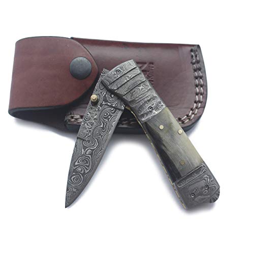 MAAN handmade Damascus Pocket Knife Tactical Knife for Men Sheep Horn Handle Damascus Steel Folding Knife hunting knife with leather sheath for hunting, survival gear & EDC MNK 305