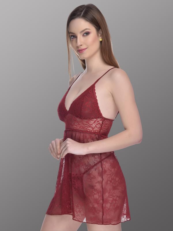 Image of Women Soft Lace Net Above Knee Babydoll Nightwear Dress with Panty S to 3XL