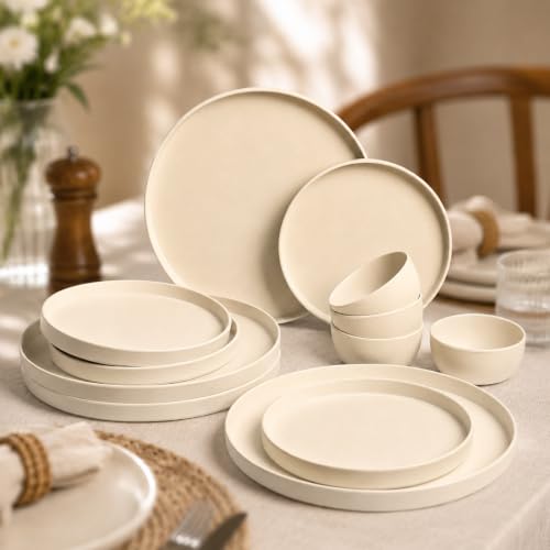 Image of MARKET 99 Heavy-Duty Matte Minto Cream Sparkle Dinner Set - 12 Pcs | Premium Melamine Dinnerware with 4 Full Plates, 4 Side Plates & 4 Bowls | Stylish Tableware for Daily Meals, Kitchen Decor