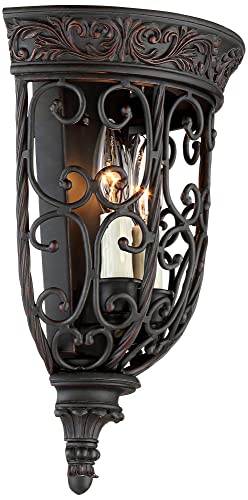 Image of Franklin Iron Works French Scroll Farmhouse Rustic Wall Light Sconces Set of 2 Rubbed Bronze Brown Metal Hardwired 10 1 /2 inch Fixture for Bedroom Bathroom Vanity Living Room Home Hallway Dining House