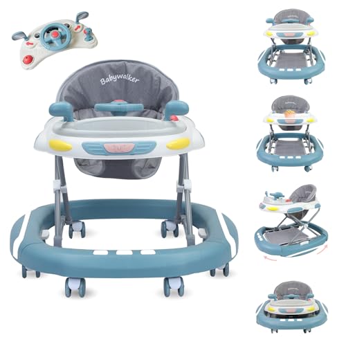 Image of Uuoeebb Baby Walker, 4 in 1 Foldable Baby Walker with Wheels, Activity Walker with 4 Adjustable Height, Baby Walker for Boys Girls, Music, Removable Play Tray (Blue)
