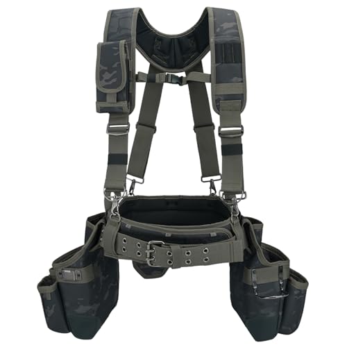 Image of MELOTOUGH Camo Tool Belt with Suspenders Camouflage Tool Pouch Organizer Supenders Framers Combo Apron Tool Belt Construction Tool Bag Suspenders Heavy Duty Carpenter Suspension Rig (Green Camo)