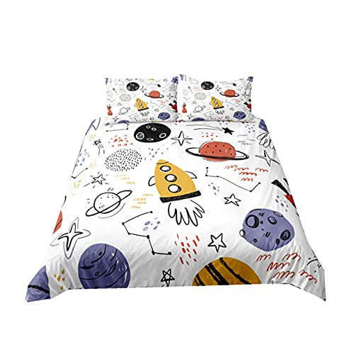 Funda Nórdica para Niños Azul Blanco Animados Tractor Coche Tren Cohete Universo Planeta Grafiti Microfibra Ropa de Cama Funda de Edredón con Funda de Almohada (Multi 4, 180x210 cm,Cama 90 cm)