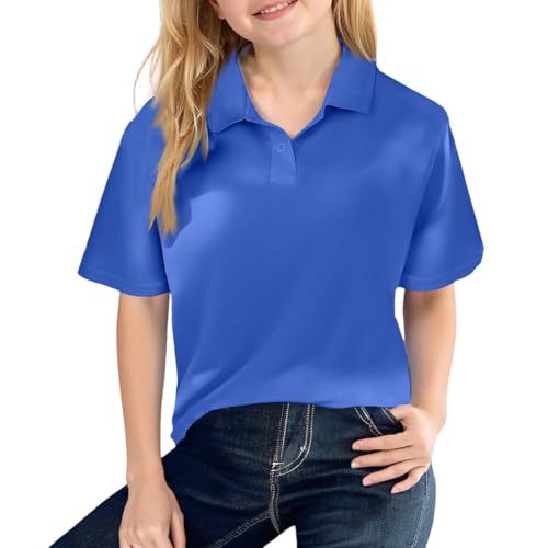 ROPAXZER Girls' Casual School Uniform Children's Fashion Button Closure Short Sleeve Polo Shirt Turquoise 10-11 Years