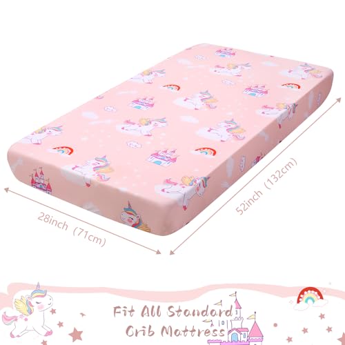 Image of Cloele Unicorns Fitted Crib Sheets,Pink Castle Unicorns, 1 Pack,52x28in | Baby Crib Sheets, For Standard Crib and Toddler Mattresses, Nursery Bed Sheet, For Baby Girls