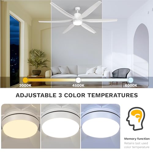 DWVO 66 inch Ceiling Fan with Lights, Smart Ceiling Fan with App & Remote Control, 3CCT Lighting, 6-Speed Reversible Quiet DC Motor for Living Room, Dining Room, Bedroom - White