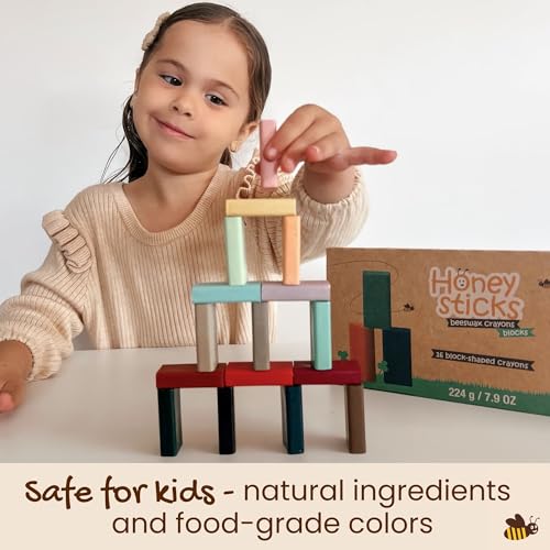 Honeysticks Block Crayons (16 Pack), Non Toxic Crayons for Kids, Toddlers, Made from Pure Beeswax and Food-Grade Colors, Long Lasting Jumbo Crayons for Drawing, Coloring, Preschool Art Supplies