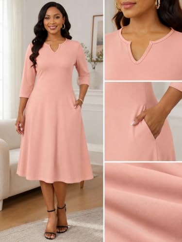 Image of PinkPatty Women's Casual 3 /4 Sleeve Midi Dresses Fit and Flare Church Work Dress with Pockets