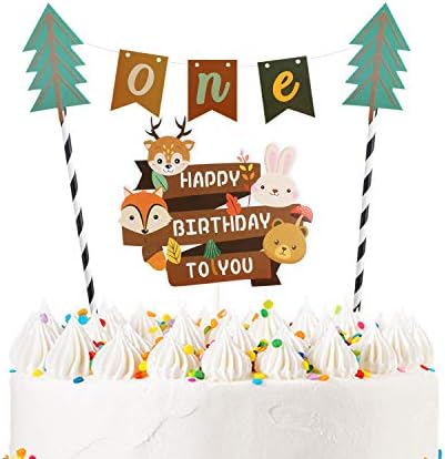 Cartoon Animals Happy Birthday to You Banner Cake Topper Handmade One Cake Bunting Baby Woodland Theme Garland （Deer, Rabbit, Fox, Beer）