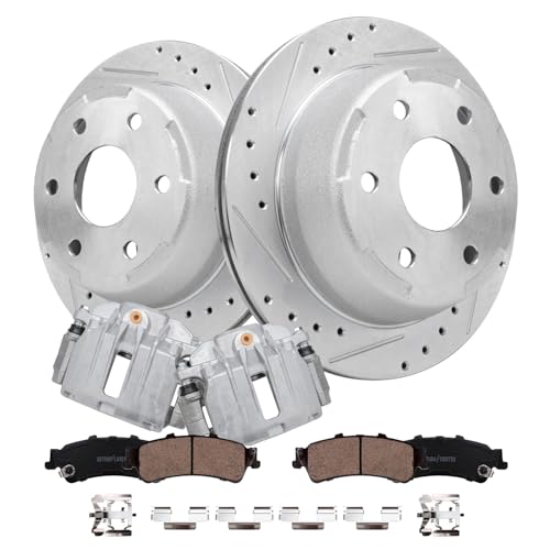 Image of Detroit Axle - Rear Brake Kit for GMC Chevy Silverado Sierra 1500 Tahoe | Yukon Safari Astro Drilled & Slotted Brakes Rotors w /Brake Calipers Replacement Ceramic Brake Pads