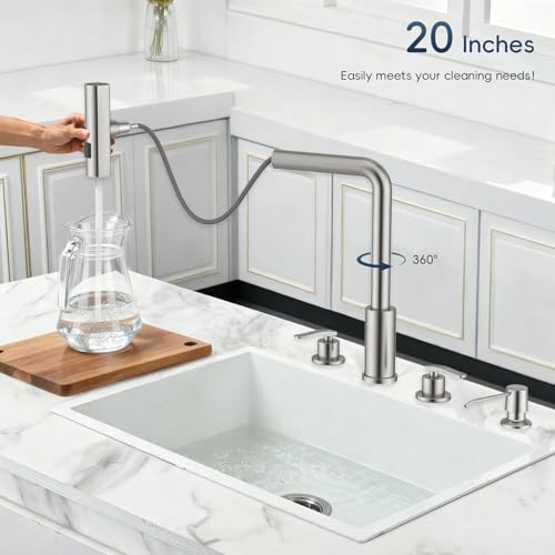 Image of Waterfall 4 Hole Kitchen Faucet with Soap Dispenser, Two-Handle 3 Modes Multifunctional Waterfall Faucet with Sprayer Stainless Steel Pull Down Kitchen Sink Faucets (Brushed Nickel)