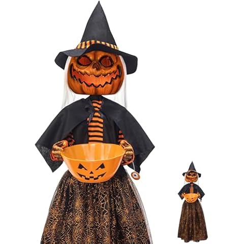 ITART 4.5ft Animated Pumpkin Scarecrow with Candy Bowl Prop Pumpkin Halloween Decorations for Trick or Treat Sound Activated with lights and Singing Cover