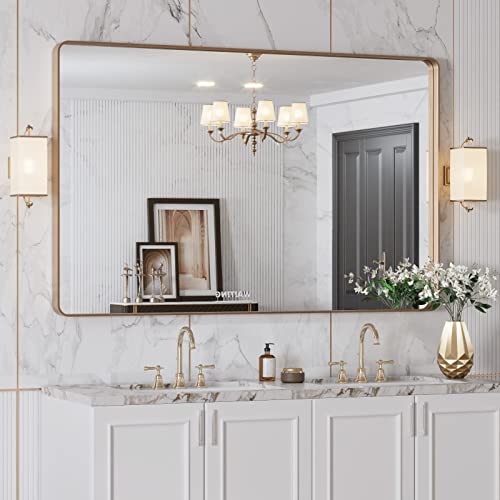 LOAAO 48”X30” Gold Bathroom Mirror, Rounded Rectangle Gold Frame Mirror, Brushed Gold Bathroom Vanity Mirror Wall-Mounted, Anti-Rust, Tempered Glass, Hangs Horizontally or Vertically