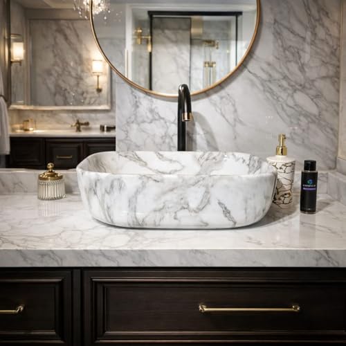 Image of Ceramic Tabletop Wash Basin - Glossy Rectangular Countertop Vessel Sink with Marble Finish for Bathroom & Vanity | Compact 18 x 13 x 5 Inch | Elegant Washbasin