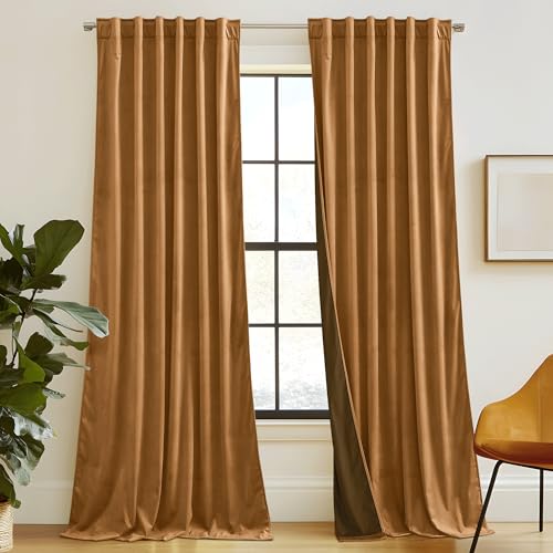 RYB HOME Luxurious Bronze Velvet Curtain Panels for Living Room Bedroom, Heavy Duty Thermal Insulated Back Tab Floor-Length Velvet Drapes for Vintage Decor, 52" W x L84 L, 2 Panels Set