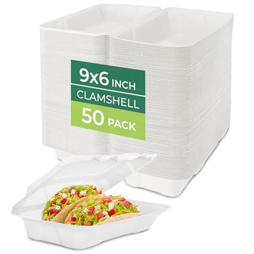 Image of Freshware Clamshell Food Containers with Lids [9x6 50-Pack] Disposable To Go Containers, Biodegradable Sugarcane To Go Boxes - Paper Container - Microwave & Freezer Safe, Stackable