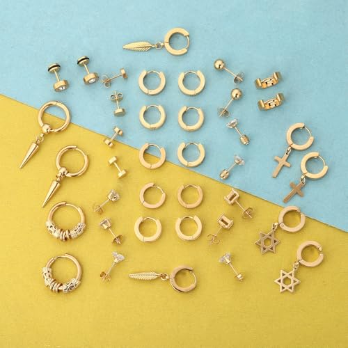 20 Pairs Stainless Steel Stud Earrings for Men Hypoallergenic Earring Unisex Punk Earring Hoop Hinged Dangle Cross Earrings for Men Women3