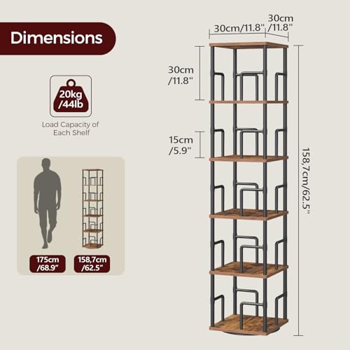 MAHANCRIS Bücherregal mit 5 Ebenen, Drehregal Regal mit Buchstützen, 30 x 30 x 158,7 cm, Standregal für Kleine Räume, Industrie-Design, für Wohnzimmer, Schlafzimmer, Braun und Schwarz ABKHR1601