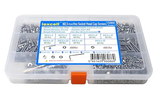 iExcell 1350 Pcs M2.5 x 4/5/6/8/10/12/16/20/25 Stainless Steel 304 Hex Socket Head Cap Screws Bolts Nuts Washers Assortment Kit