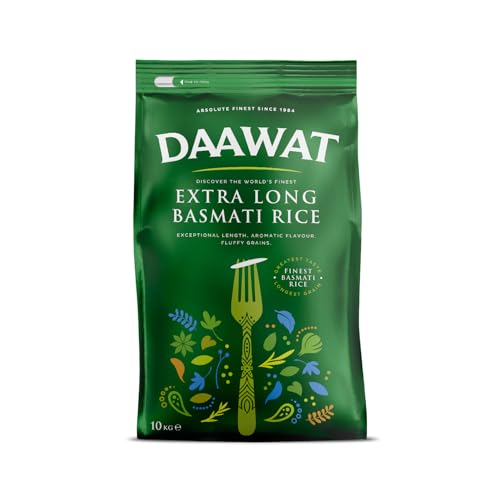 Daawat Extra Long Basmati Rice with Exceptional Length, Aromatic Flavour, Fluffy Grains, Elongates up to 24mm when Cooked, Non-Sticky and Ideal for all types of Dishes - 10KG