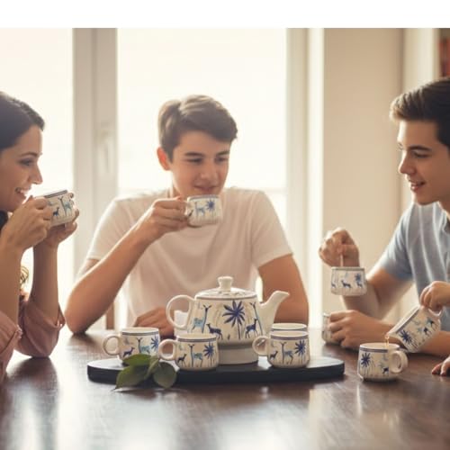 Image of DMRD MART-Handcrafted Ceramic Stag 7PC Tea Cup Set with Kettle Safe 6 Cups 1 Kettle | Tea Pot Set 1000ml Ceramic Porcelain Cup Set of 6 Perfect for Serving Coffee Green. (Dear Print 7pc)