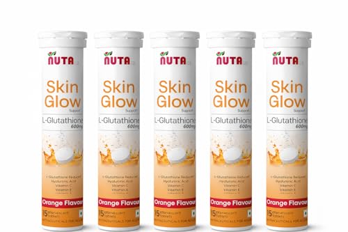 Image of GLUTATHIONE 600mg, HYALURONIC TABLET WITH VITAMIN-C&AE | Advanced L-Glutathione for Skin & Wellness inch. Skin Glow formula, Skin Lighting, Hydration, Anti-Aging, Detoxification, Pigmentation And Tan Removal | Orange Flavor For Men & Women PACK OF 5 (75 Effervescent Tablet)