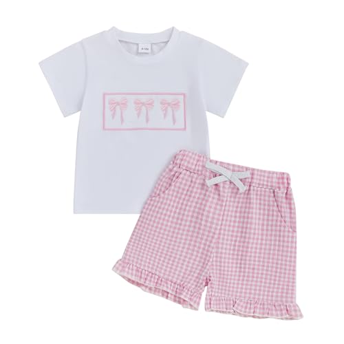 Bonangber Toddler Baby Girl Summer Clothes Bow Print Short Sleeve T Shirt Top Plaid Shorts Set Cute Girls Summer Outfits (A-Pink,2-3T)