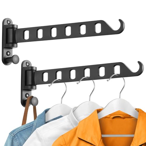 Image of SKIKEN Laundry Drying Rack - Wall Mounted Clothes Hanger with Swing Arm, 6-Hole Laundry Hanger & Swivel Hanging Bar, Foldable Valet Hook, Laundry Room Closet, Sturdy Aluminum (2-Pack, Black)
