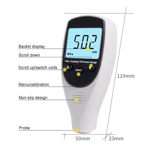 Medidor digital de grosor de recubrimiento, medidor Fe/NFe para medir profundidad de pintura, reconocimiento automático de material, rango 0-1700μm, para medición no destructiva miniatura 5