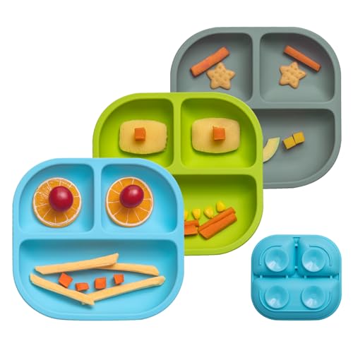 Image of BABELIO Powerful Suction Plates for Baby and Toddler, 100% Food Grand Silicone, Divided, BPA Free, Microwave & Dishwasher Safe, Stay Put, 3 Pack