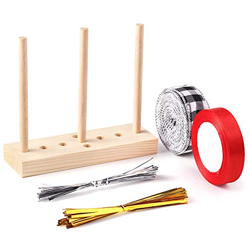Ackitry Bow Maker for Ribbon for Wreaths, Wooden Bow Maker Set with Twist Ties and Ribbons for Creating Gift Bows Christmas Halloween Decorations Corsages Holiday Wreaths