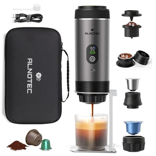 Alnotec - Cafetera portátil eléctrica con calefacción automática, 20 bar – 3 en 1 compatible con cápsulas NES, DG y café molido, 80 ml – Pantalla LED – Funda + soporte incluido – Recargable USB-C