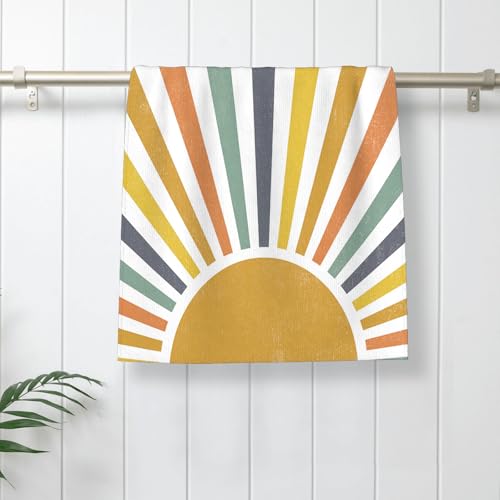 Image of Summer Kitchen Towels Boho Stripes Yellow Sunshine Dish Towels Outdoor Cute Colorful Rainbow Sun Hand Towels,16x24 Inch Farmhouse Decoration Absorbent Dish Cloths Set of 2 for Kitchen