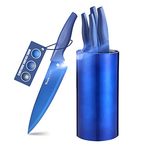 Wanbasion Kitchen Knife Set Block, Stainless Steel Kitchen Knife Set, Professional Kitchen Knife Set Block with Blue Titanium
