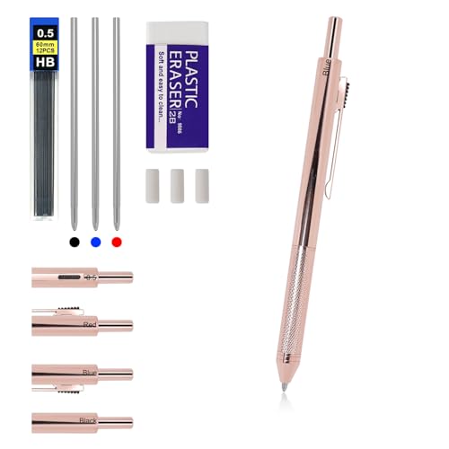RANBOS 4-in-1 Four-Color Multifunctional Pen, Black/Red/Blue Ballpoint Pen and 0.5mm Mechanical Pencil, Metal Case Pen, Great Gift for Friends, Loved Ones (Rose Gold)