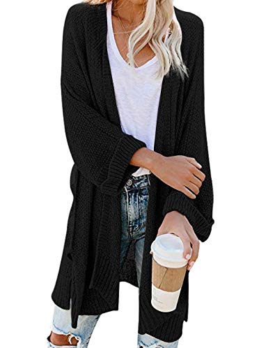 Traleubie Women's Open Front 3/4 Sleeve Kimono Knit Cardigan Sweaters with Pockets Black L-XL