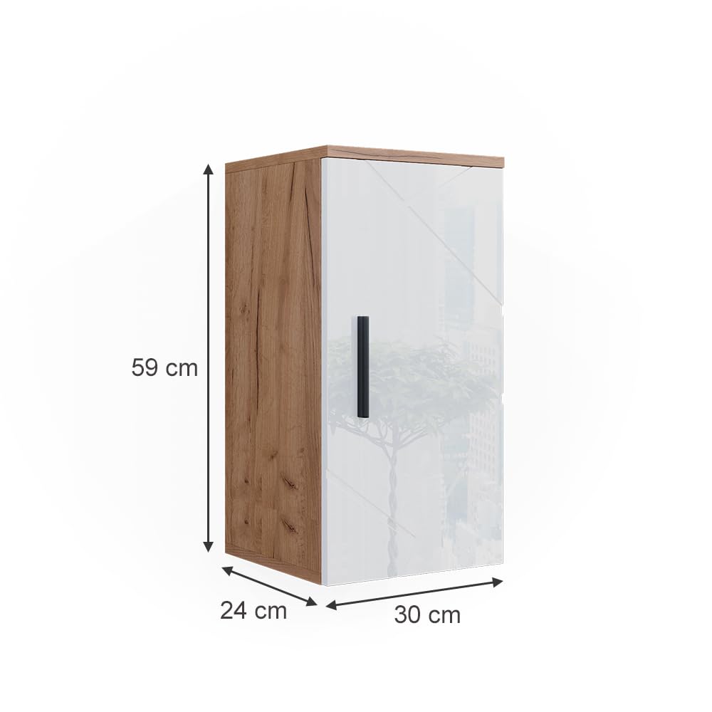 Vicco Badschrank Irma, Weiß Hochglanz/Goldkraft Eiche, 30 x 59 cm mit Regal, zur Wandmontage geeignet und mit weiteren Irma Möbeln kombinierbar