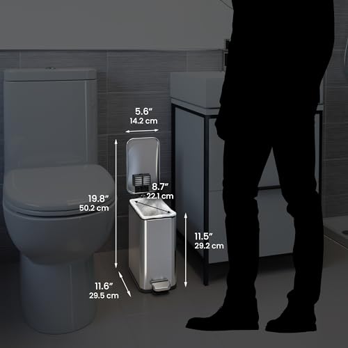 Image of iTouchless SoftStep 1.3 Gallon Small Slim Bathroom Trash Can with Removable Inner Bucket & AbsorbX Odor Filter, Stainless Steel, 5 Liter Garbage Step Bin, Bathroom, Bedroom, Business Office Cubicle
