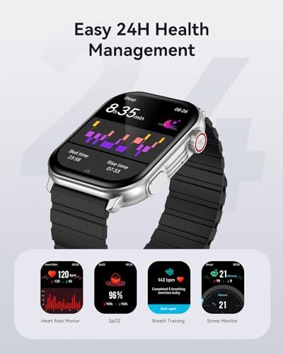 Kieslect Smart Watch S1 displaying various health metrics like sleep, heart rate, SpO2, breath training, and stress monitor