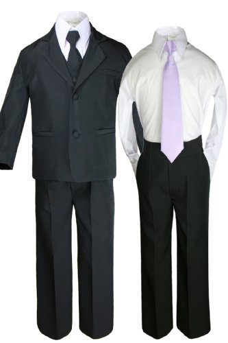 6pc Baby Kid Teen Boys Black Tuxedo Suit with Satin Lilac Necktie S-20 (2T)