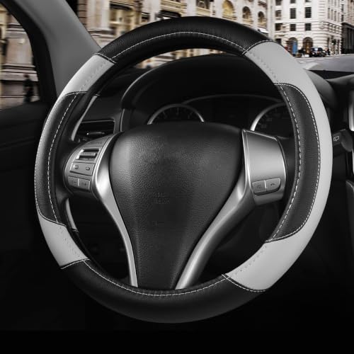 Image of Leather Steering Wheel Cover for Ford F-150, Ram, Tundra, Tacoma, 15.5 inch-16 inch | Large-Size Fits Cars Trucks, Microfiber Leather, Anti-Slip Breathable Auto Steering Wheel Protector, Grey
