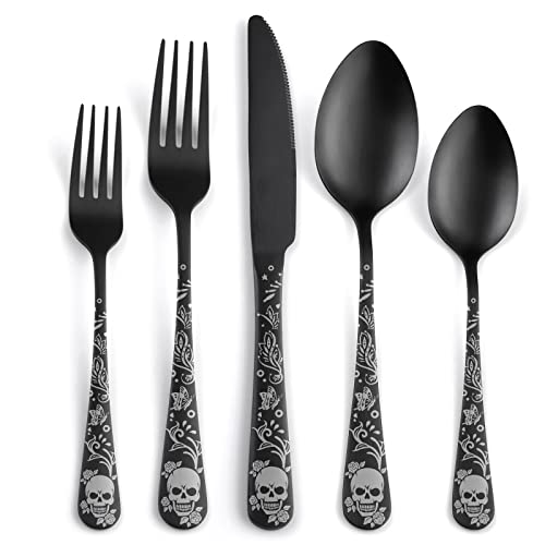 40 Piece Skull Pattern Matte Silverware Set for 8, Black Flatware set Service for 8,Gothic Unique Skull Pattern Design,18/0 Stainless,Satin Finish Cutlery for 8,Dishwasher Safe