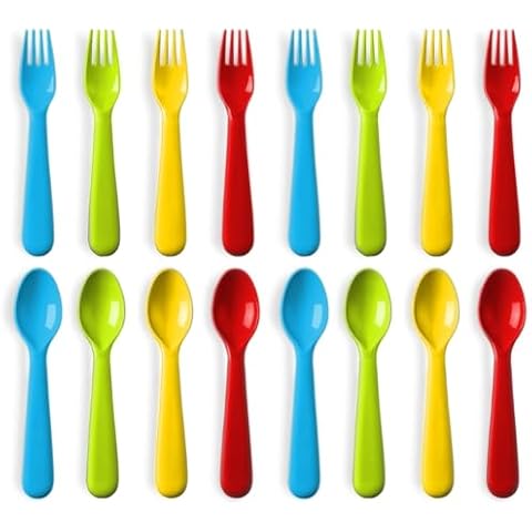 Plaskidy 16 Pcs Plastic Toddler Utensils Set 8 Kids Forks and 8 Kids Spoons BPA Free/Dishwasher Safe Toddler Silverware Brightly Colored Kid Plastic Cutlery Set, Great for Kids and Toddlers Utensils Cover