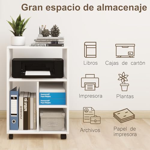 PUNCIA Mueble para Impresora con Ruedas Archivador Auxiliar Oficina de Madera con 4 Estantes Ajustables Mesa de Impresora Armario Móvil para Documentos DIN A4 Carro de Despacho Estudio Blanco - imagen 6