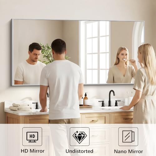 Image of DESBING 30 inch x 60 inch Bathroom Mirror, Silver Metal Frame Wall Mirror | HD Image,Shatterproof Decorative Rectangular Vanity Mirror for Bedroom Bathroom Living Room Entryway Horizontal or Vertical