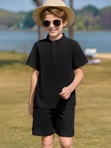 Image of Haloumoning Boys 2 Piece Cotton Set Kids Casual Henley Shirts Short Sleeve Beach Shorts Summer Outfits 5-14 Years