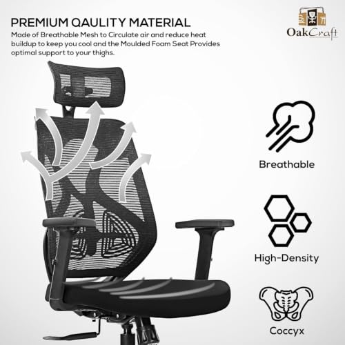 Image of Oakcraft Cyclone Ergonomic Office Chair with Multi-Lock Tilt, Seat Slider, Dynamic Lumbar Support, 4D Adjustable Armrests, 2D Headrest, Breathable Mesh High. (Black, Hurricane)