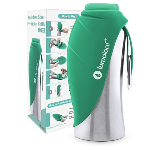 LumoLeaf Hundetrinkflasche für unterwegs, 800ml Edelstahl Trinkflasche Hund, Tragbare Haustier Wasserflasche, Hunde Wasserspender Reise Zubehör für Wandern und Campen (Grün)