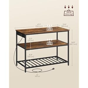 VASAGLE Kitchen Island with 3 Shelves, 47.2 Inches Width Kitchen Shelf with Power Strip, Large Worktop, Stable Steel Structure, Industrial, Easy to Assemble, Rustic Brown and Black UKKI101K01 VASAGLE Kitchen Island with 3 Shelves 472 Inches Width Kitchen Shelf with Power Strip Large Worktop Stable Steel Structure Industrial Easy to Assemble Rustic Brown and Black UKKI101K01